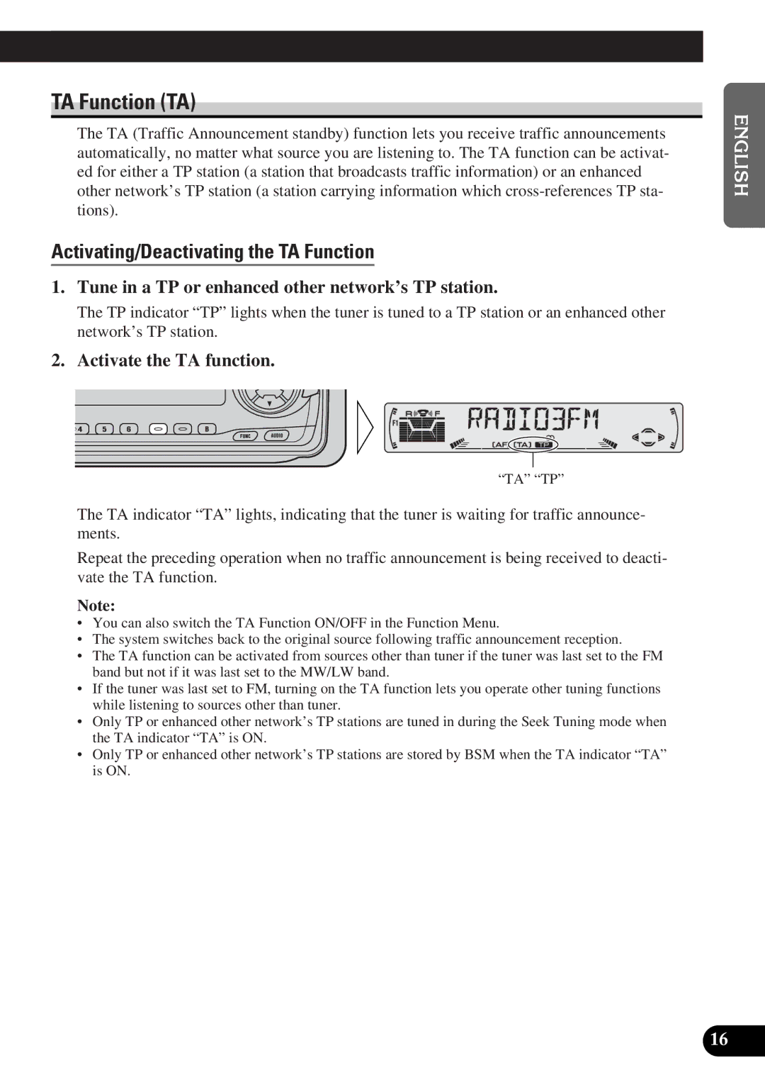 Pioneer DEH-3300R, DEH-3330R TA Function TA, Activating/Deactivating the TA Function, Activate the TA function 