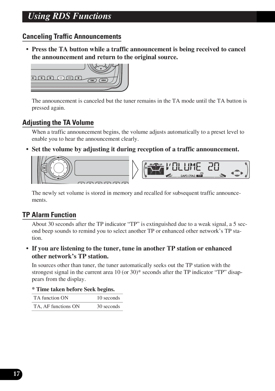 Pioneer DEH-3330R, DEH-3300R operation manual Canceling Traffic Announcements, Adjusting the TA Volume, TP Alarm Function 