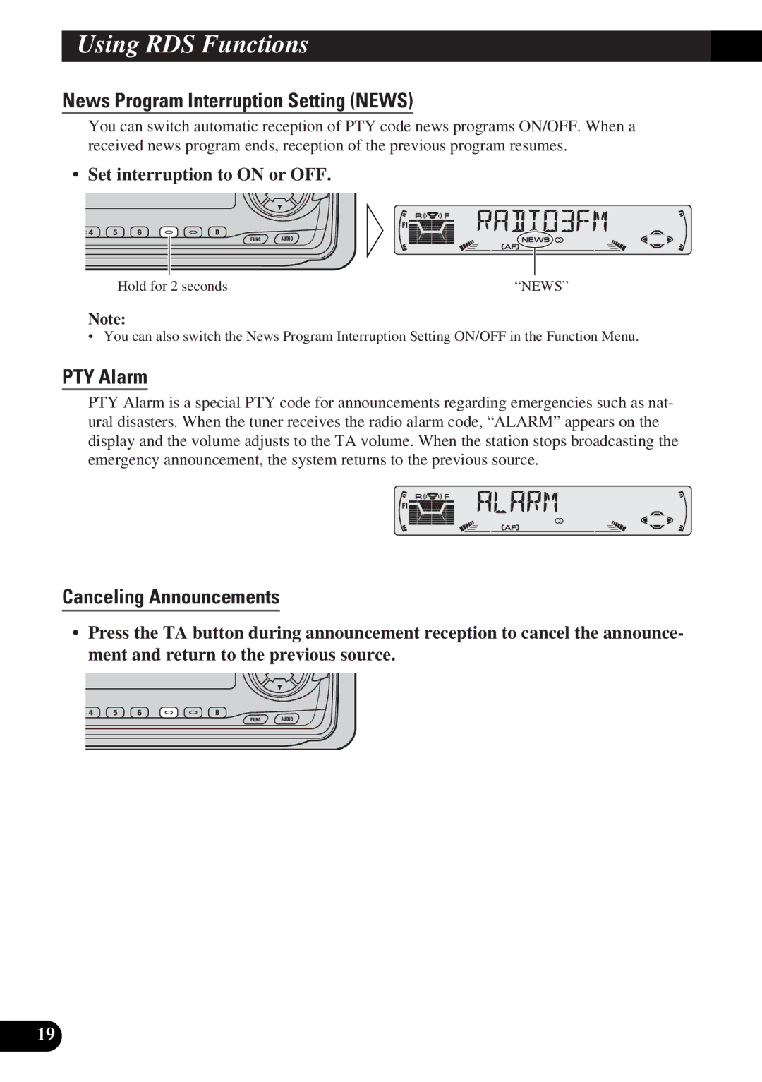 Pioneer DEH-3330R, DEH-3300R operation manual News Program Interruption Setting News, PTY Alarm, Canceling Announcements 