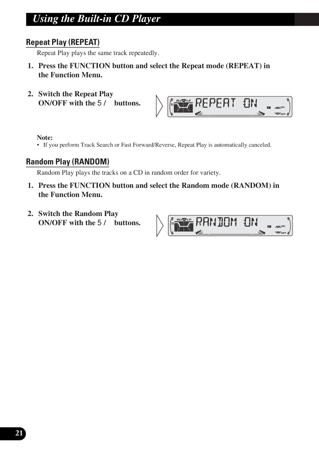 Pioneer DEH-3330R, DEH-3300R operation manual Using the Built-in CD Player, Repeat Play Repeat, Random Play Random 