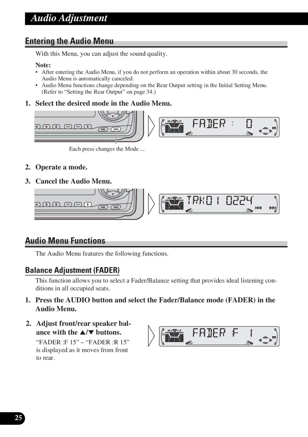 Pioneer DEH-3330R, DEH-3300R operation manual Entering the Audio Menu, Audio Menu Functions, Balance Adjustment Fader 