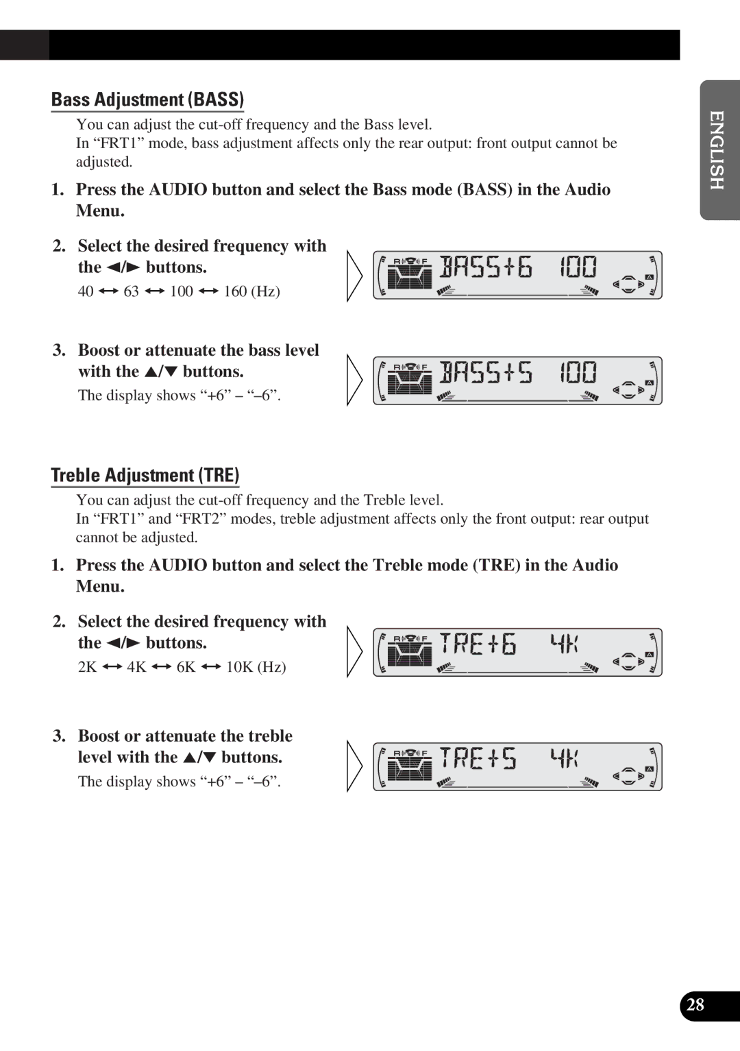 Pioneer DEH-3300R Bass Adjustment Bass, Treble Adjustment TRE, Boost or attenuate the bass level with the 5/∞ buttons 