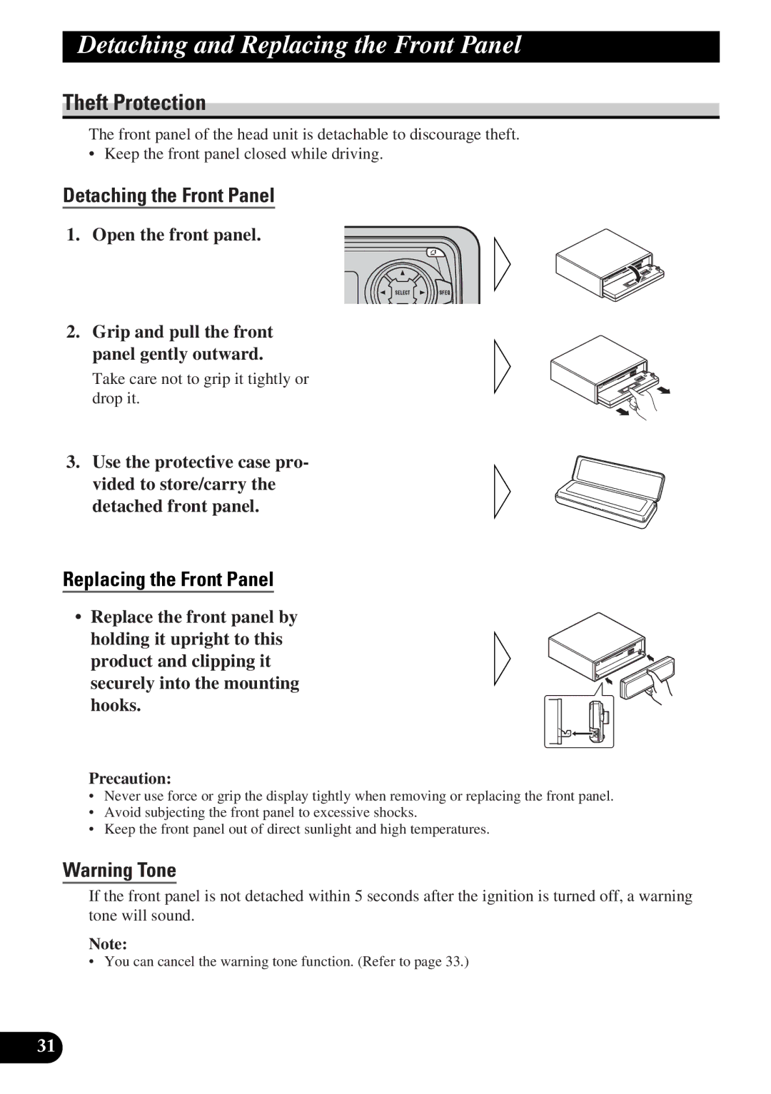 Pioneer DEH-3330R Detaching and Replacing the Front Panel, Theft Protection, Detaching the Front Panel, Precaution 