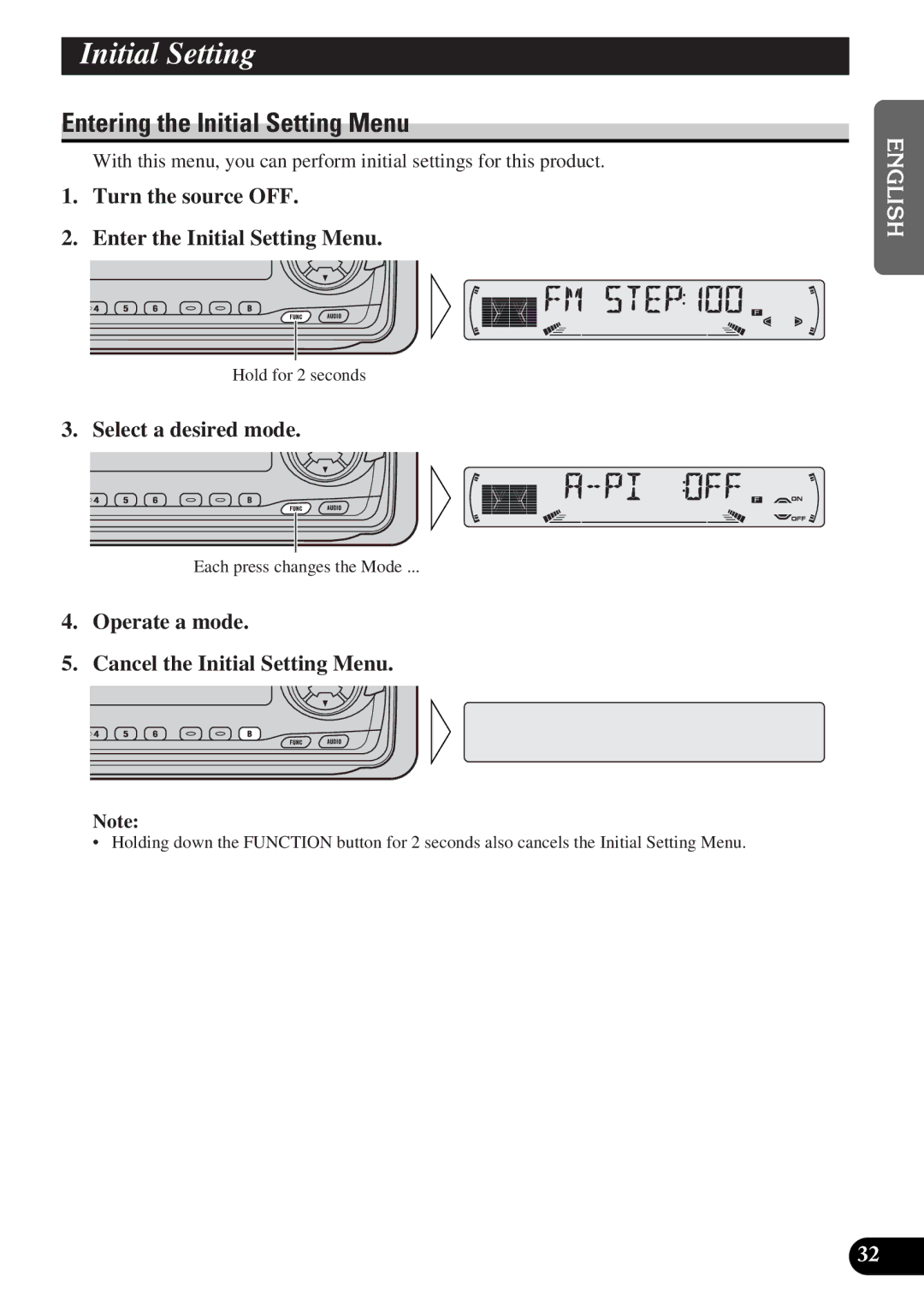 Pioneer DEH-3300R, DEH-3330R InitialA T tleSettingEnglish, Entering the Initial Setting Menu, Select a desired mode 