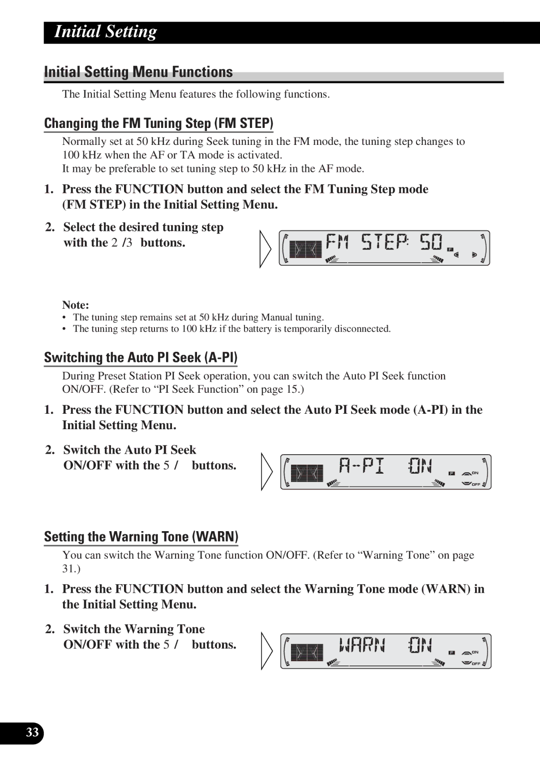 Pioneer DEH-3330R Initial Setting Menu Functions, Changing the FM Tuning Step FM Step, Switching the Auto PI Seek A-PI 