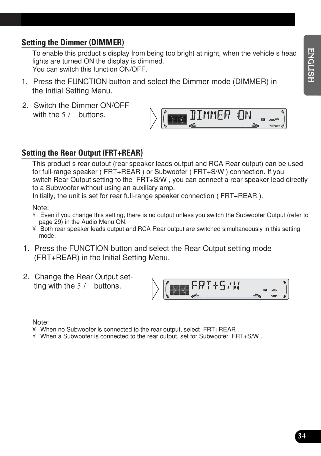 Pioneer DEH-3300R, DEH-3330R operation manual Setting the Dimmer Dimmer, Setting the Rear Output FRT+REAR 