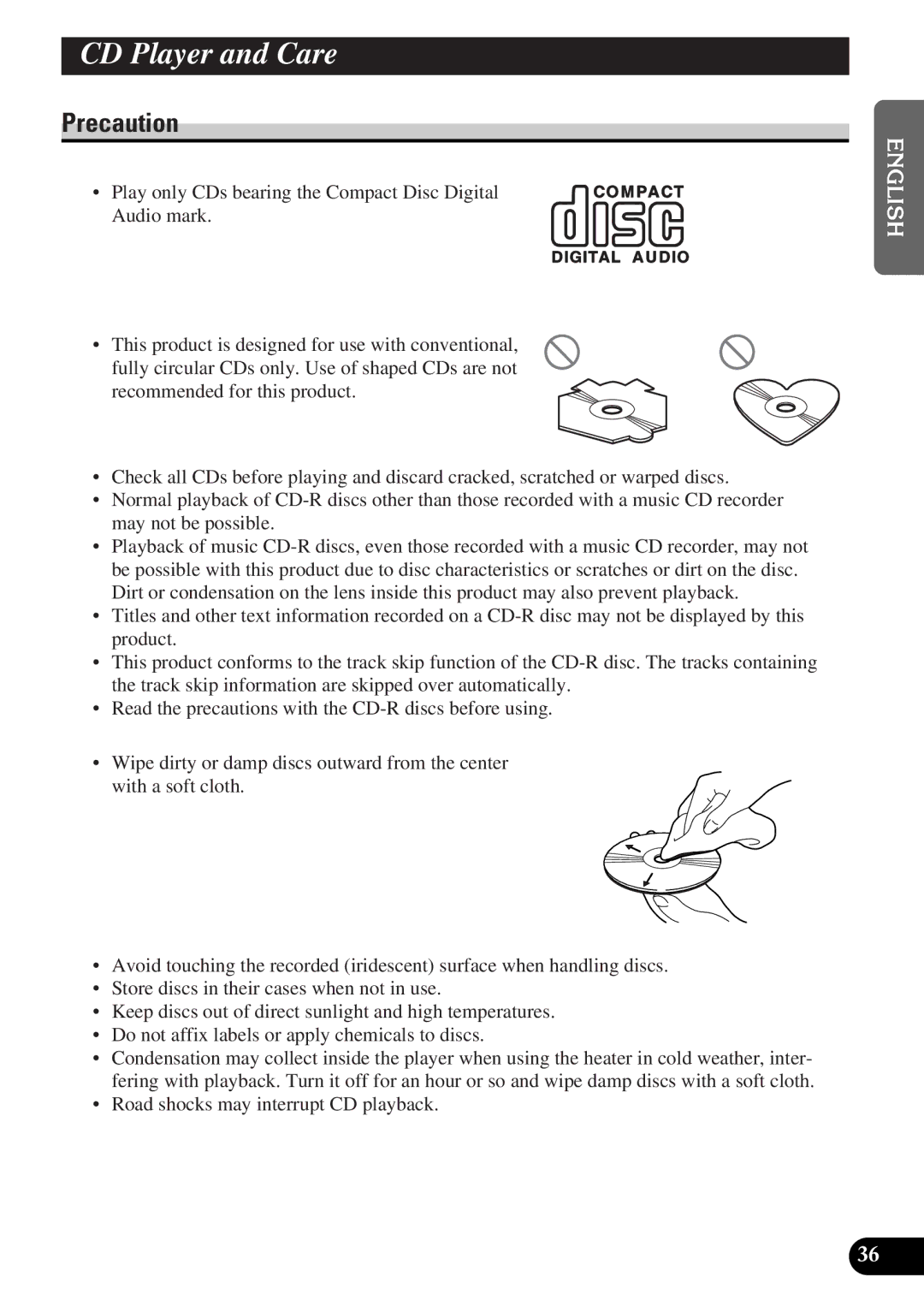 Pioneer DEH-3300R, DEH-3330R operation manual CDA TitlePlayerEnglishand Care, Precaution 