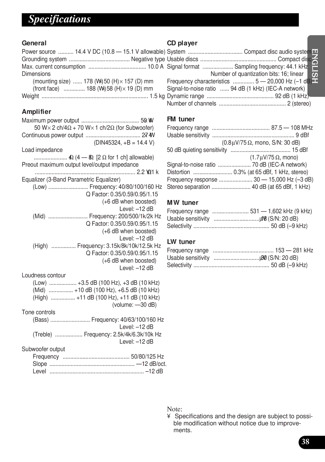 Pioneer DEH-3300R, DEH-3330R operation manual Specifications 