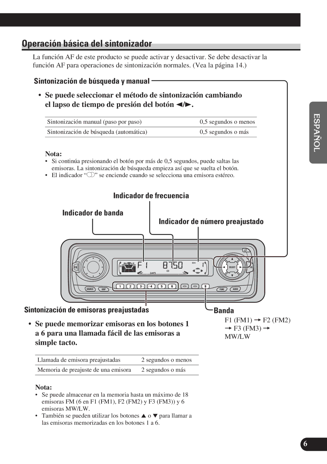 Pioneer DEH-3300R, DEH-3330R operation manual Operación básica del sintonizador, Sintonización de búsqueda y manual, Banda 