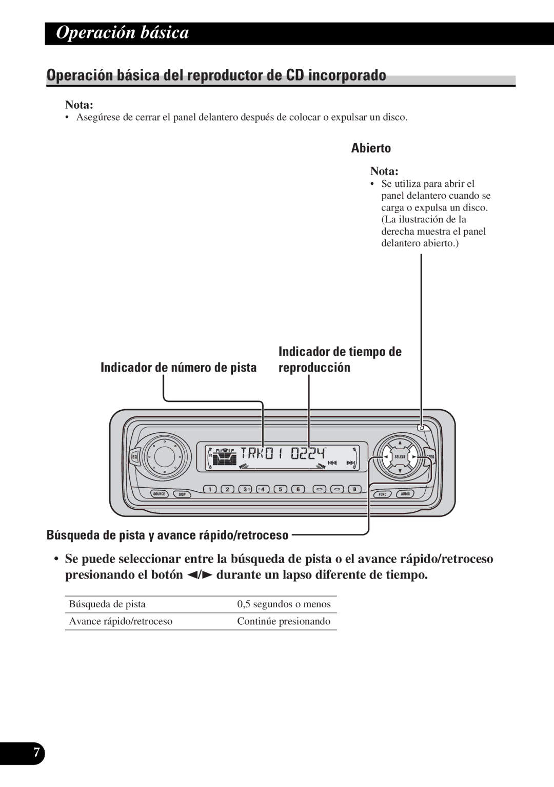 Pioneer DEH-3330R, DEH-3300R operation manual Operación básica del reproductor de CD incorporado, Abierto, Reproducción 