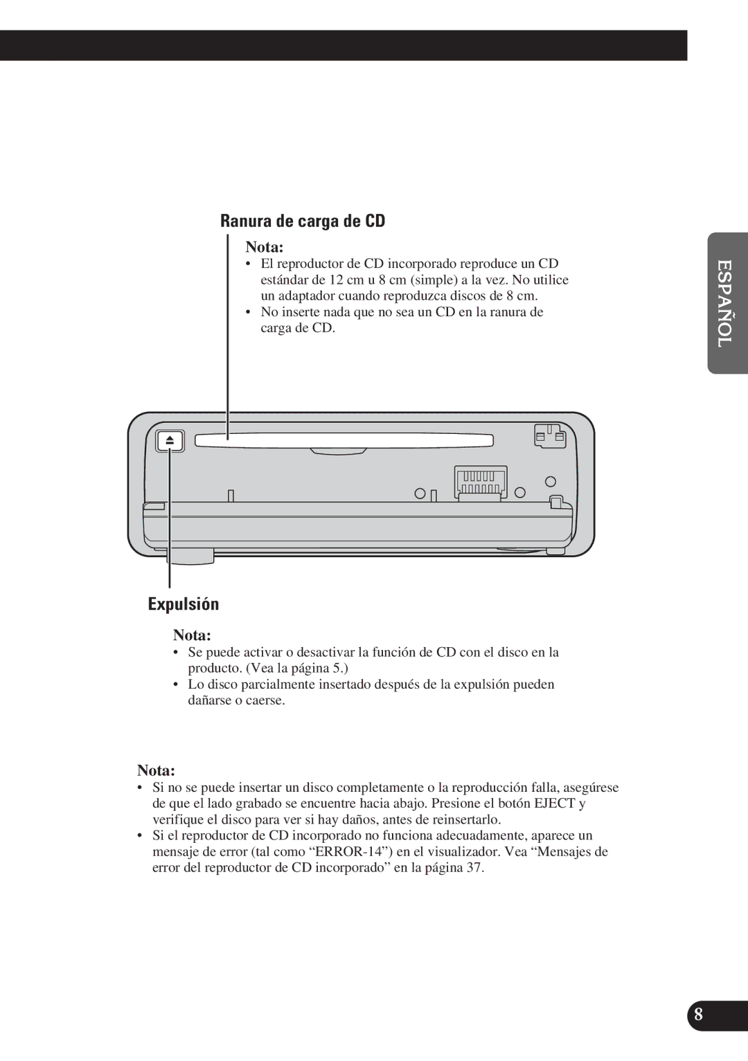 Pioneer DEH-3300R, DEH-3330R operation manual Ranura de carga de CD, Expulsión 