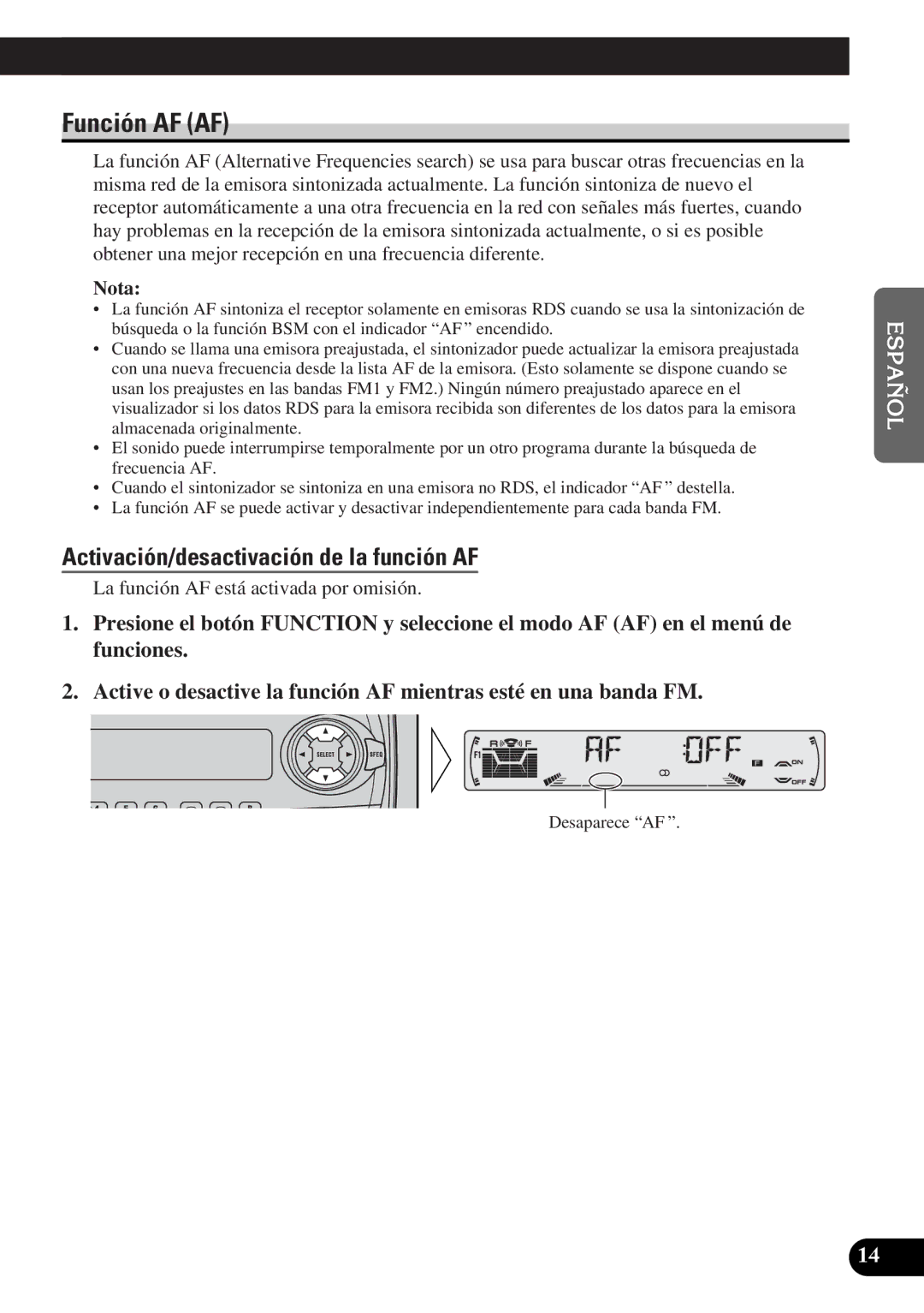 Pioneer DEH-3300R, DEH-3330R operation manual Función AF AF, Activación/desactivación de la función AF 