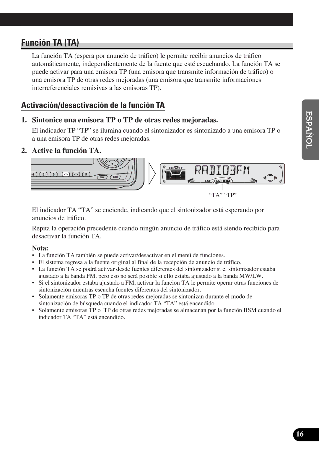 Pioneer DEH-3300R, DEH-3330R operation manual Función TA TA, Activación/desactivación de la función TA, Active la función TA 