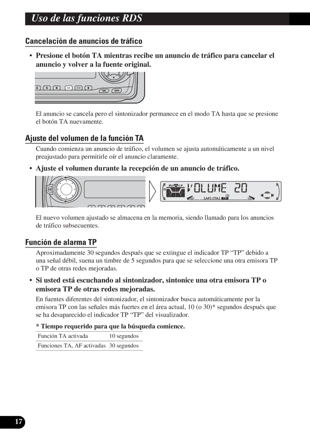 Pioneer DEH-3330R, DEH-3300R Cancelación de anuncios de tráfico, Ajuste del volumen de la función TA, Función de alarma TP 