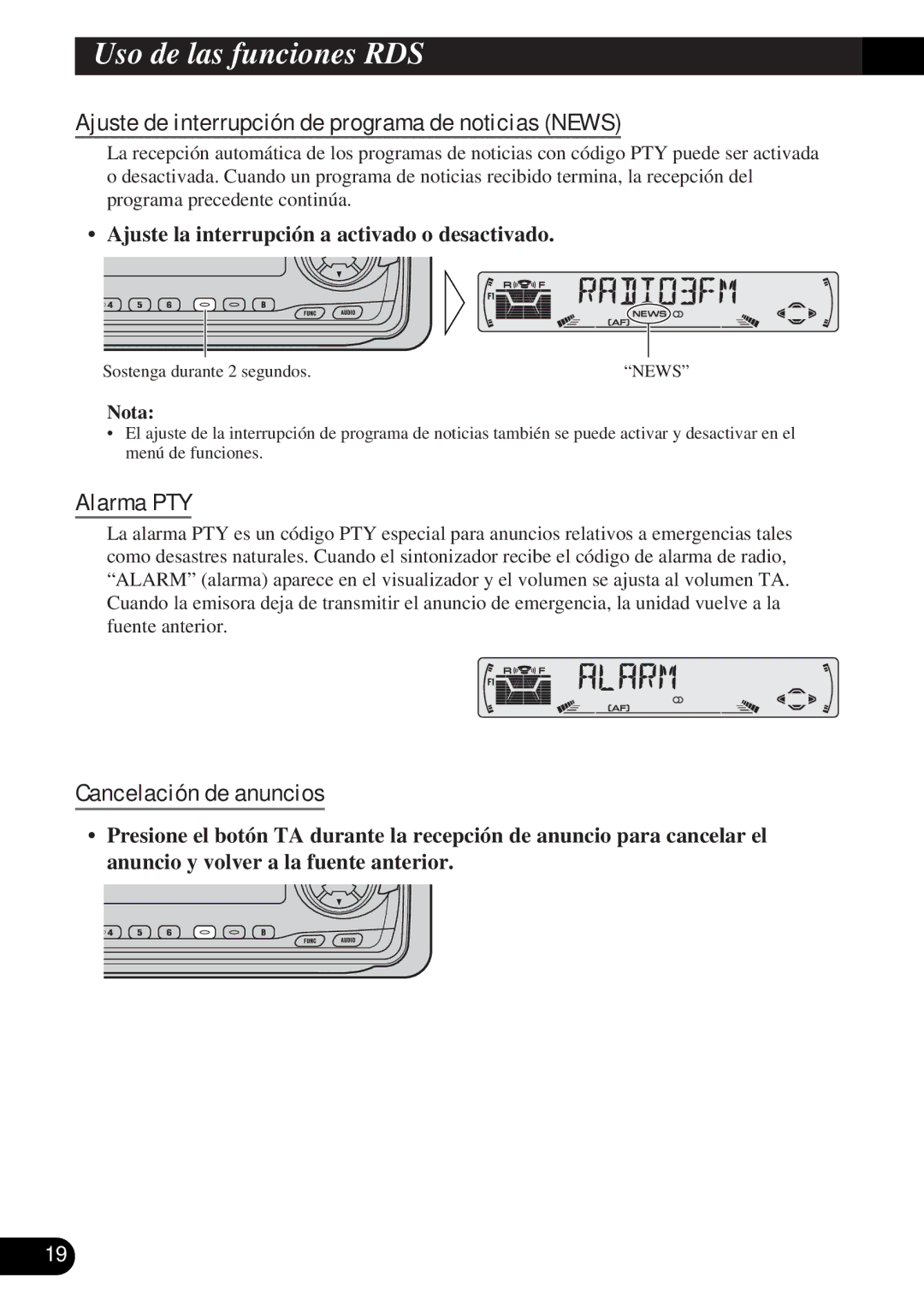 Pioneer DEH-3330R, DEH-3300R Ajuste de interrupción de programa de noticias News, Alarma PTY, Cancelación de anuncios 