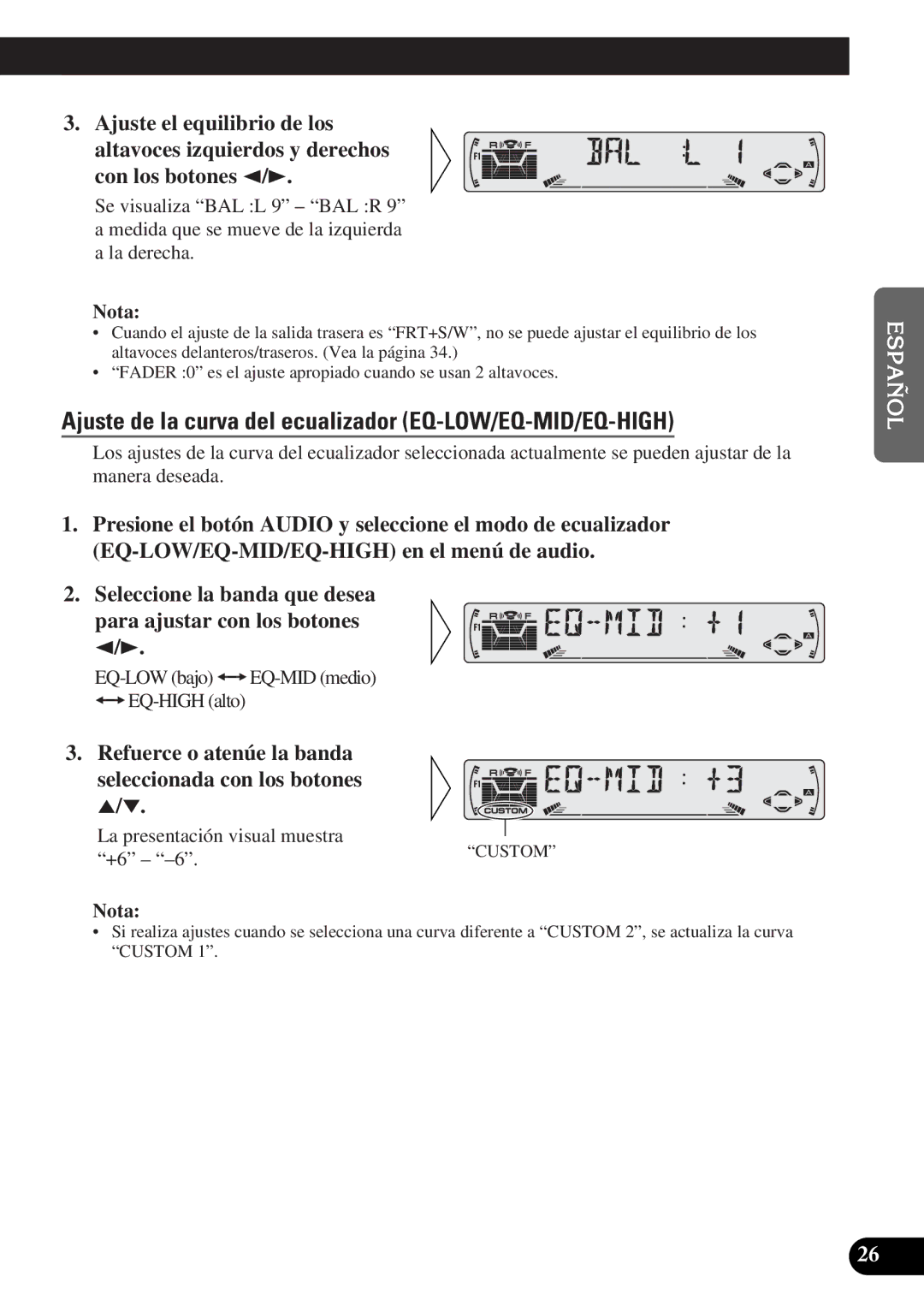 Pioneer DEH-3300R, DEH-3330R operation manual Ajuste de la curva del ecualizador EQ-LOW/EQ-MID/EQ-HIGH 