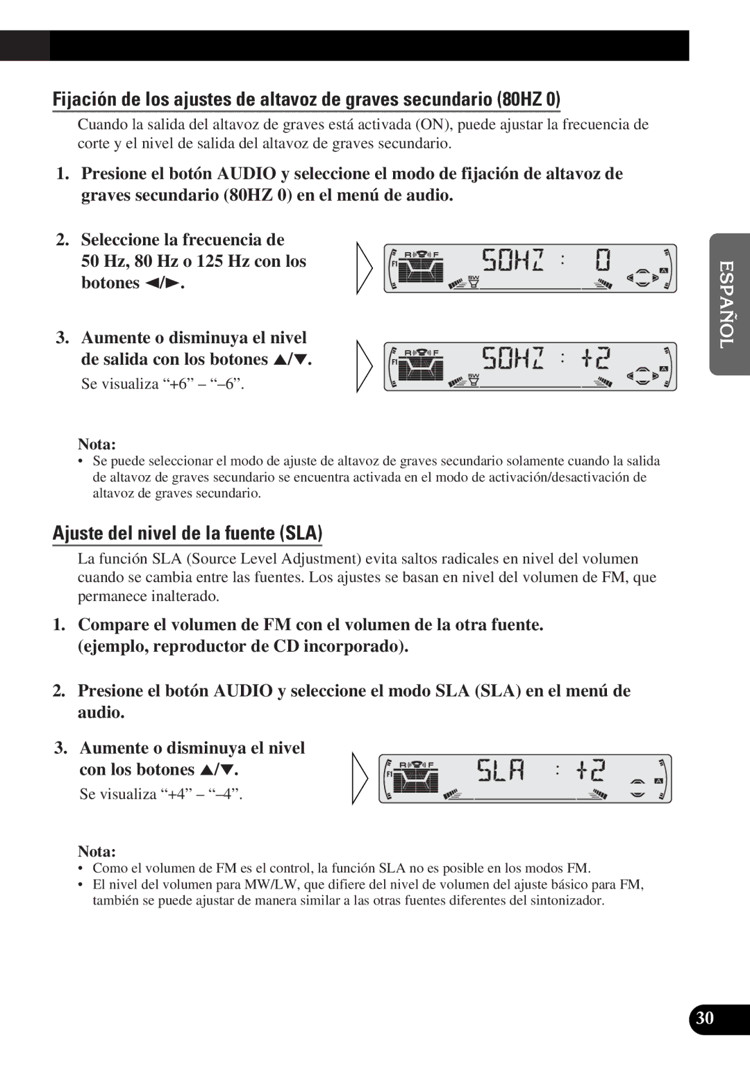 Pioneer DEH-3300R Fijación de los ajustes de altavoz de graves secundario 80HZ, Ajuste del nivel de la fuente SLA 