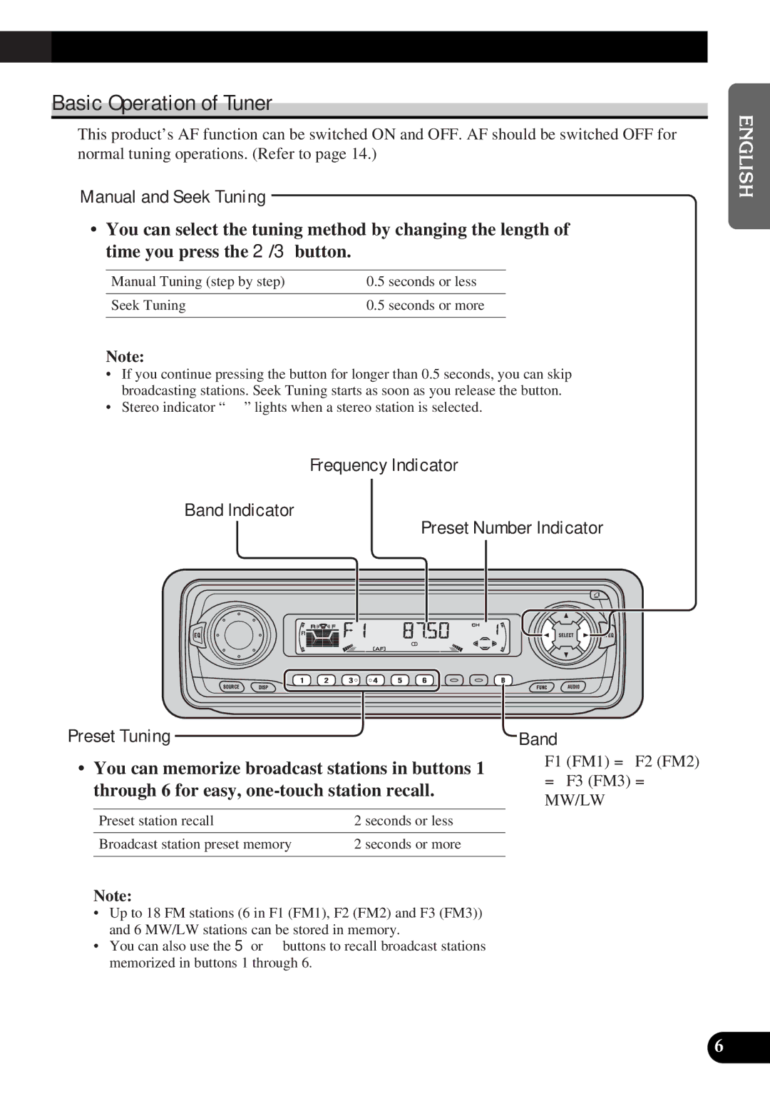 Pioneer DEH-3300R Basic Operation of Tuner, Manual and Seek Tuning, You can memorize broadcast stations in buttons 