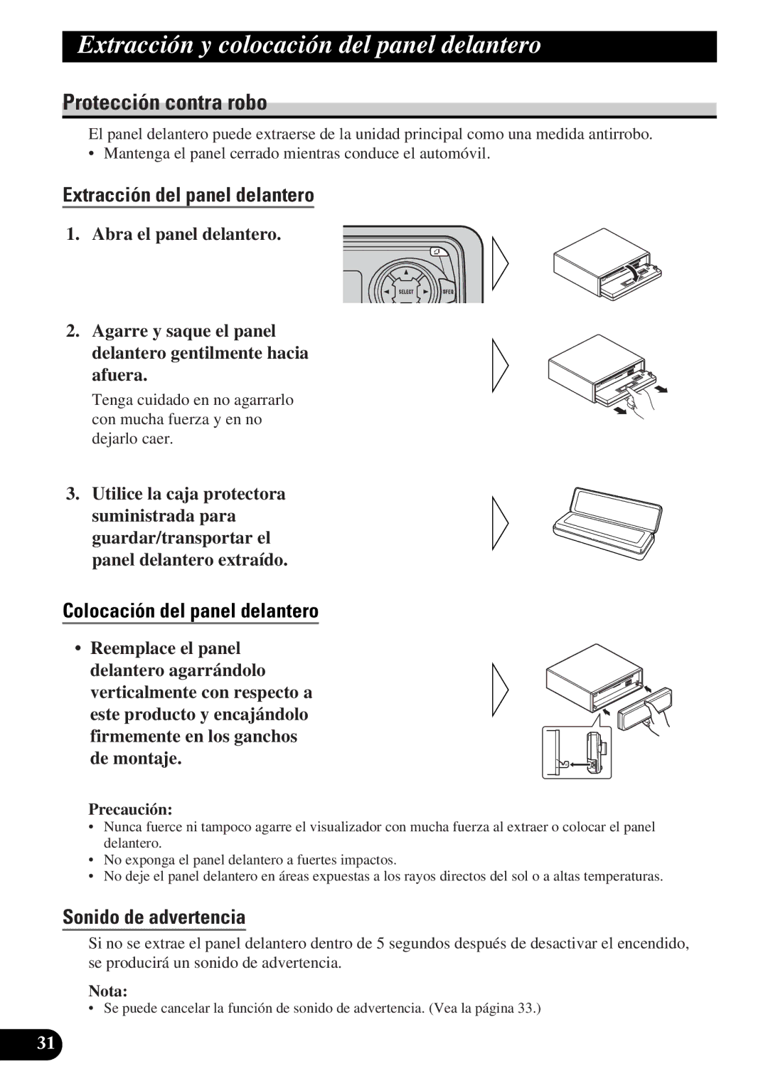 Pioneer DEH-3330R Extracción y colocación del panel delantero, Protección contra robo, Extracción del panel delantero 