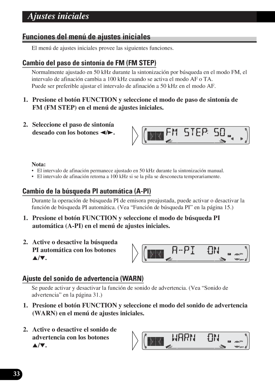 Pioneer DEH-3330R, DEH-3300R Funciones del menú de ajustes iniciales, Cambio del paso de sintonía de FM FM Step 