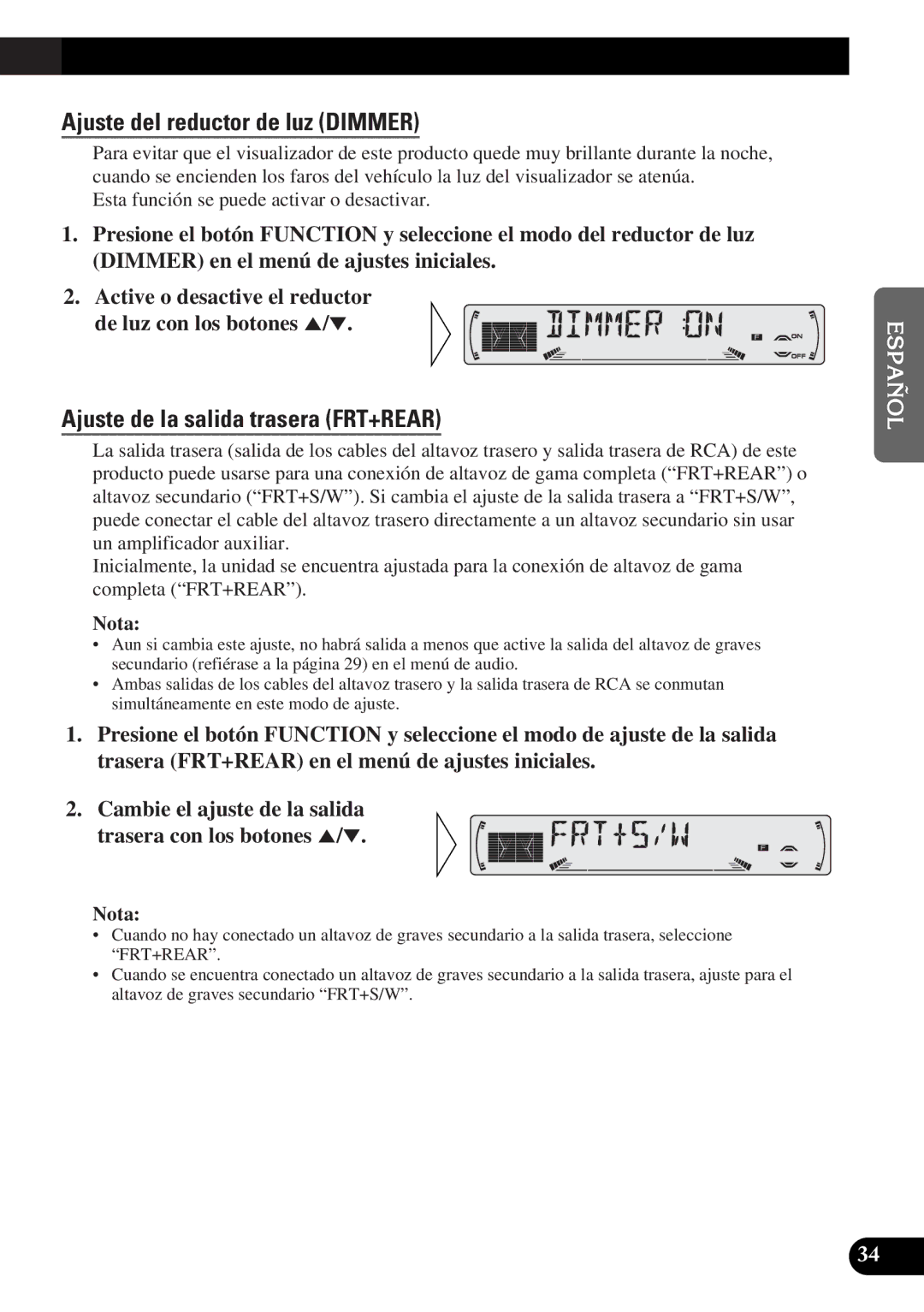 Pioneer DEH-3300R, DEH-3330R operation manual Ajuste del reductor de luz Dimmer, Ajuste de la salida trasera FRT+REAR 