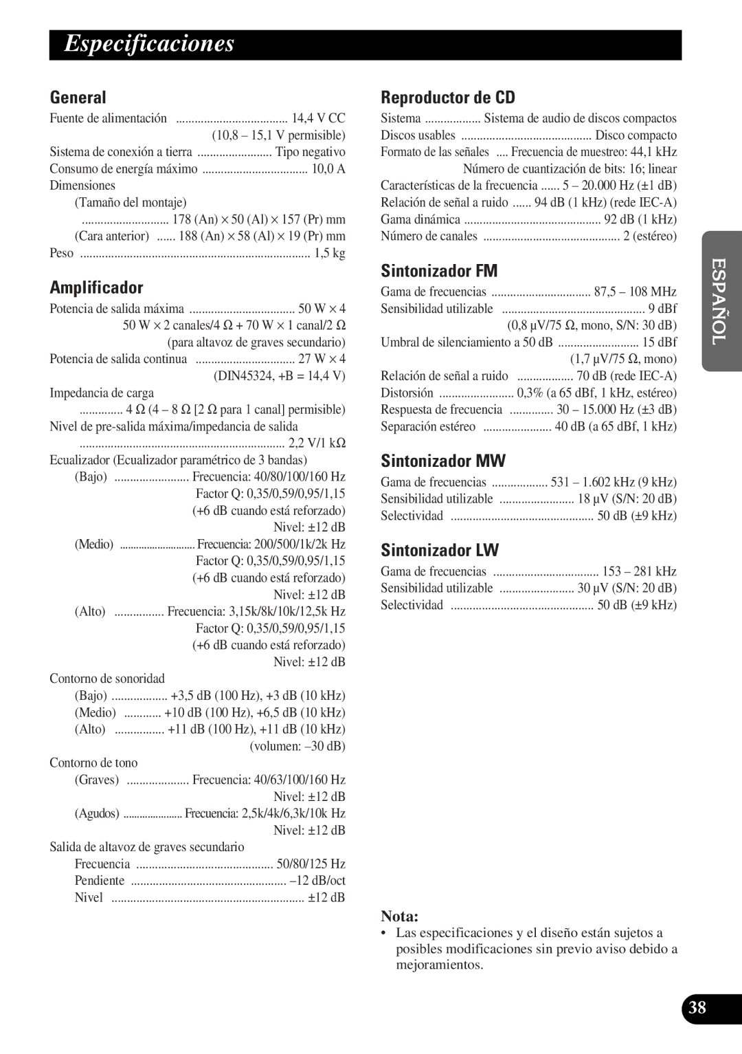 Pioneer DEH-3300R, DEH-3330R operation manual Especificaciones 