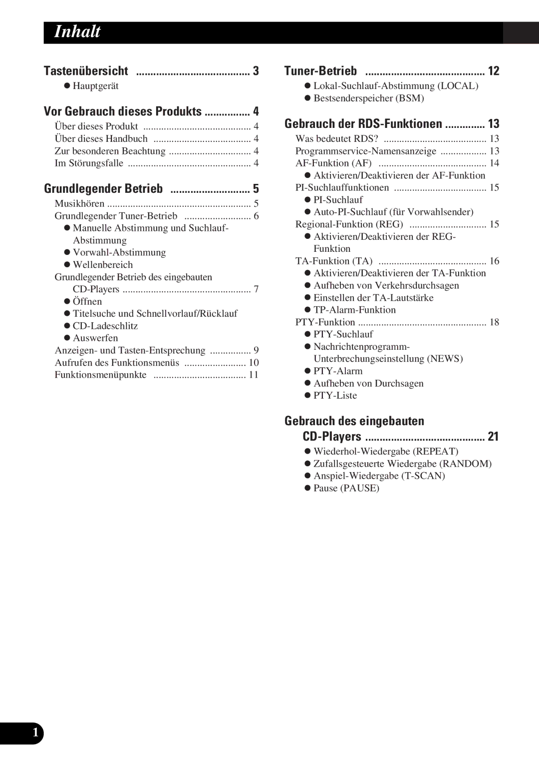 Pioneer DEH-3330R, DEH-3300R operation manual Inhalt, Gebrauch des eingebauten 