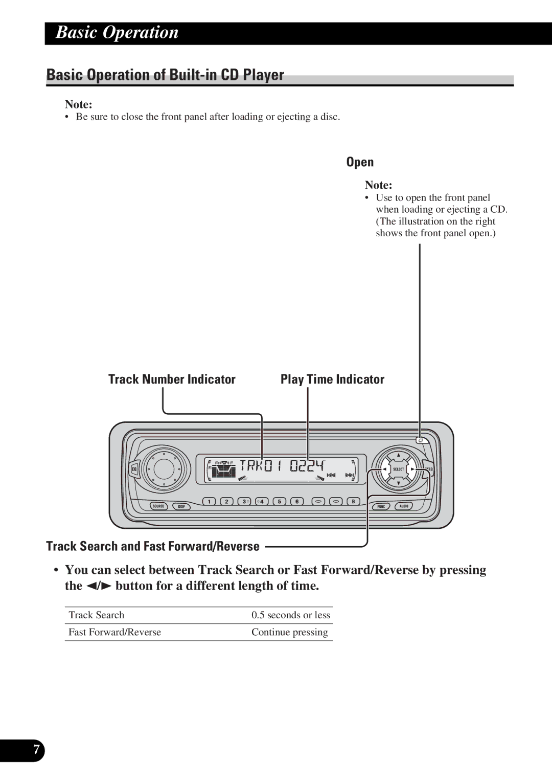 Pioneer DEH-3330R, DEH-3300R operation manual Basic Operation of Built-in CD Player, Open, Track Number Indicator 