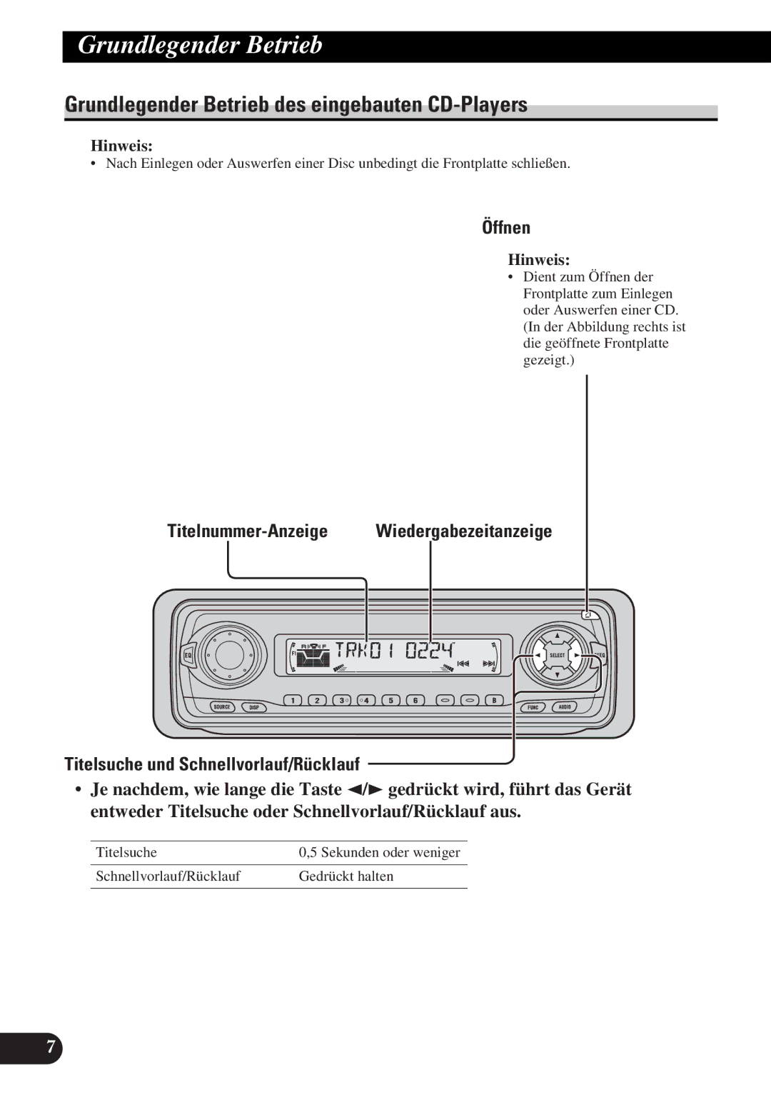 Pioneer DEH-3330R, DEH-3300R operation manual Grundlegender Betrieb des eingebauten CD-Players, Öffnen 