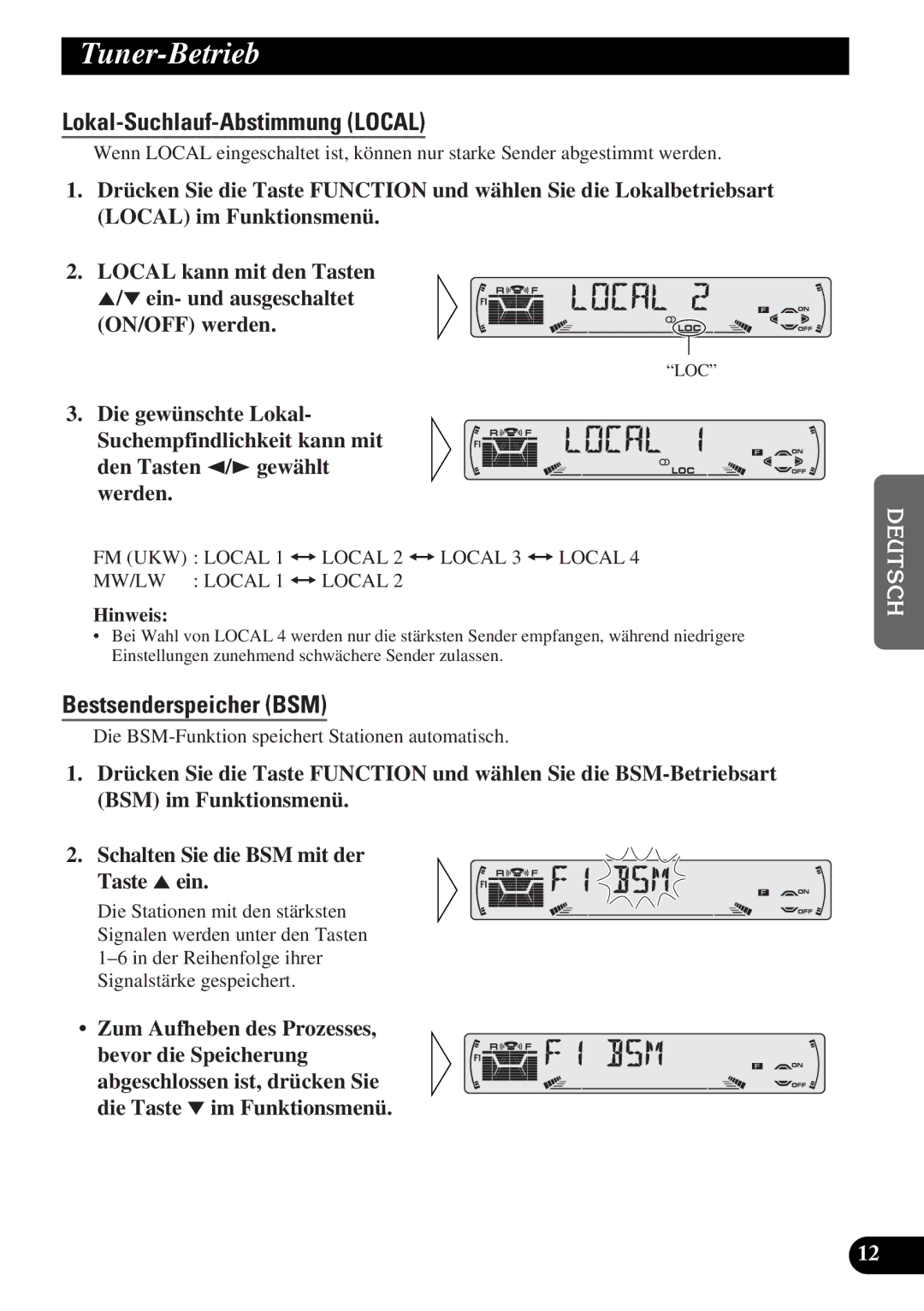 Pioneer DEH-3300R, DEH-3330R operation manual Tuner-Betrieb, Lokal-Suchlauf-Abstimmung Local, Bestsenderspeicher BSM 