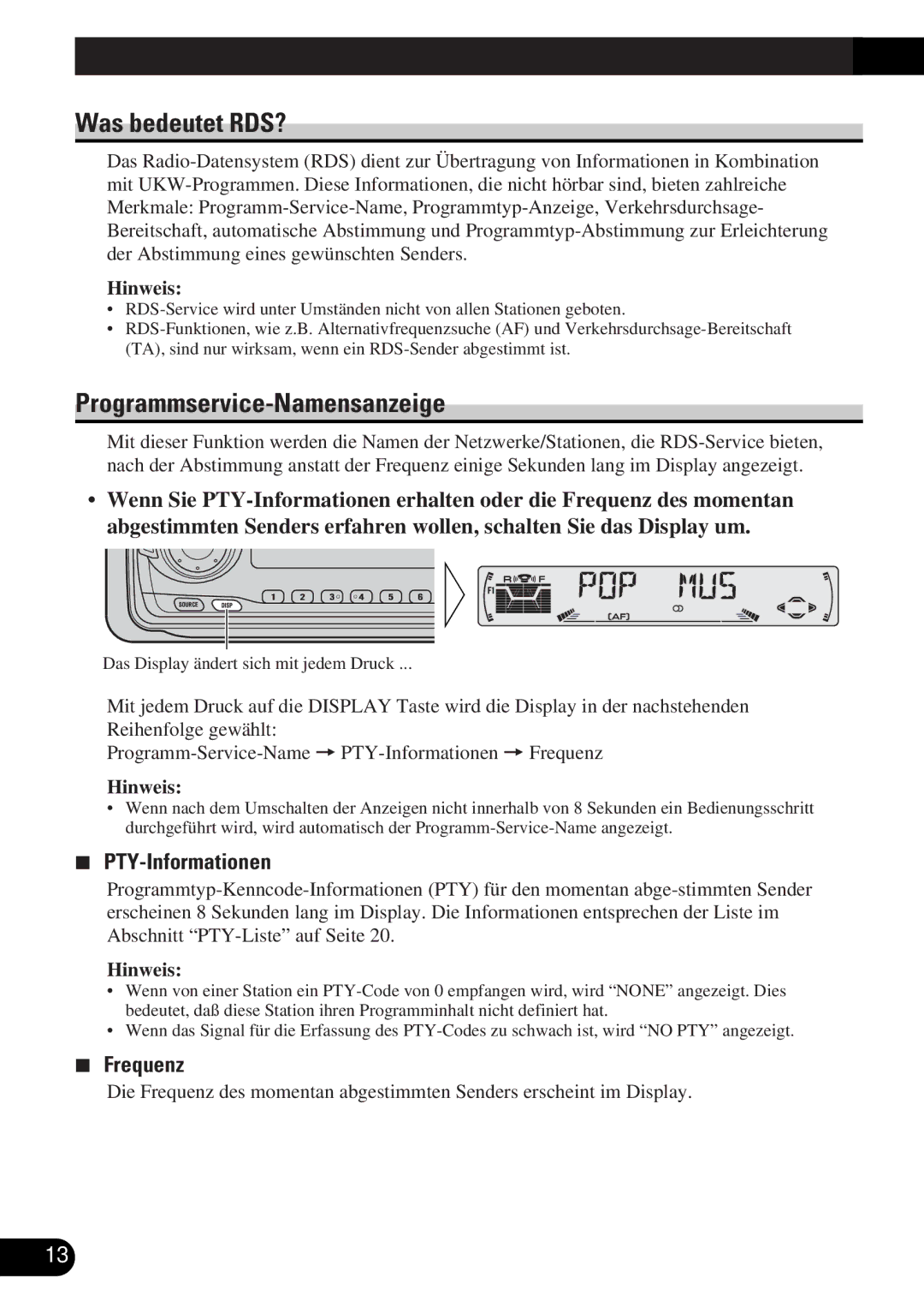 Pioneer DEH-3330R GebrauchA Title Englishder RDS-Funktionen, Was bedeutet RDS?, Programmservice-Namensanzeige, Frequenz 