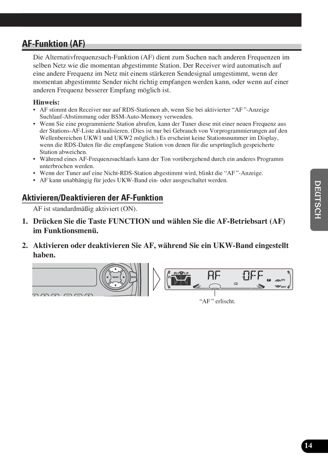 Pioneer DEH-3300R, DEH-3330R operation manual AF-Funktion AF, Aktivieren/Deaktivieren der AF-Funktion 