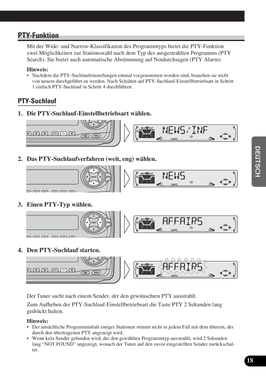 Pioneer DEH-3300R, DEH-3330R operation manual PTY-Funktion, PTY-Suchlauf 