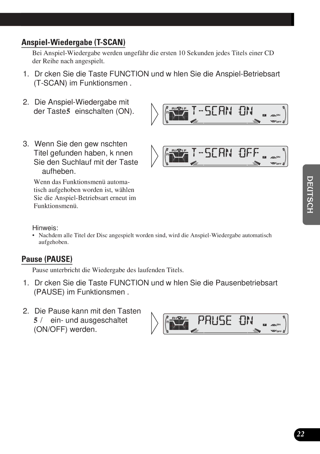 Pioneer DEH-3300R, DEH-3330R operation manual Anspiel-Wiedergabe T-SCAN, Pause Pause 