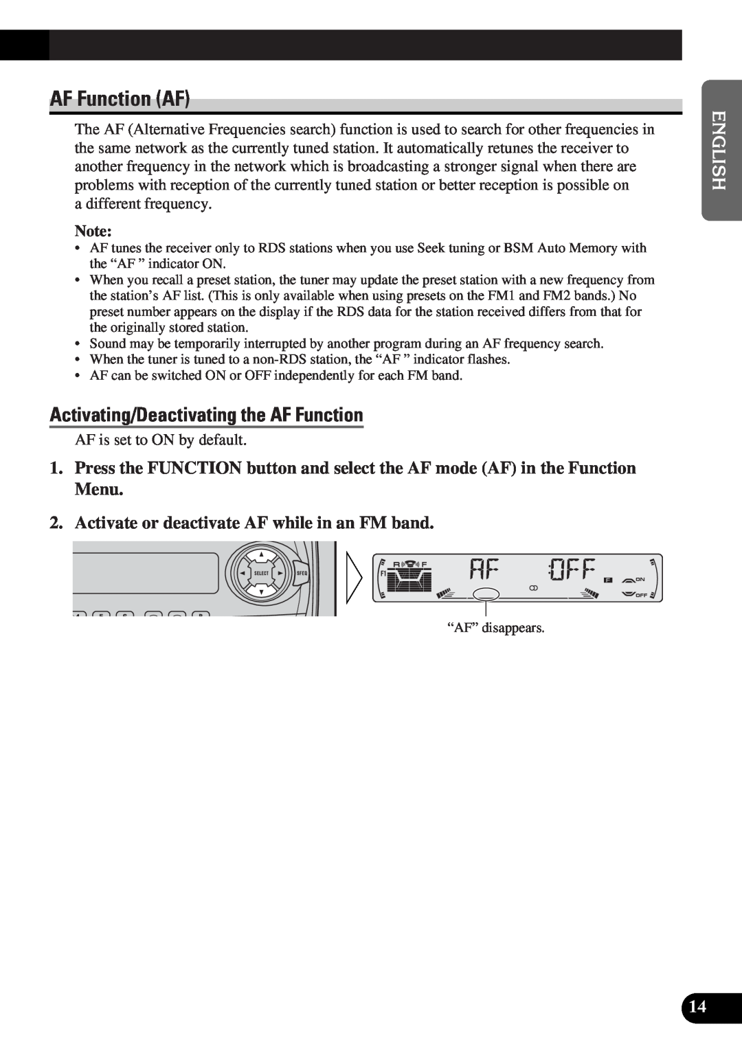Pioneer DEH-3300R, DEH-3330R operation manual A Title English, AF Function AF, Activating/Deactivating the AF Function 
