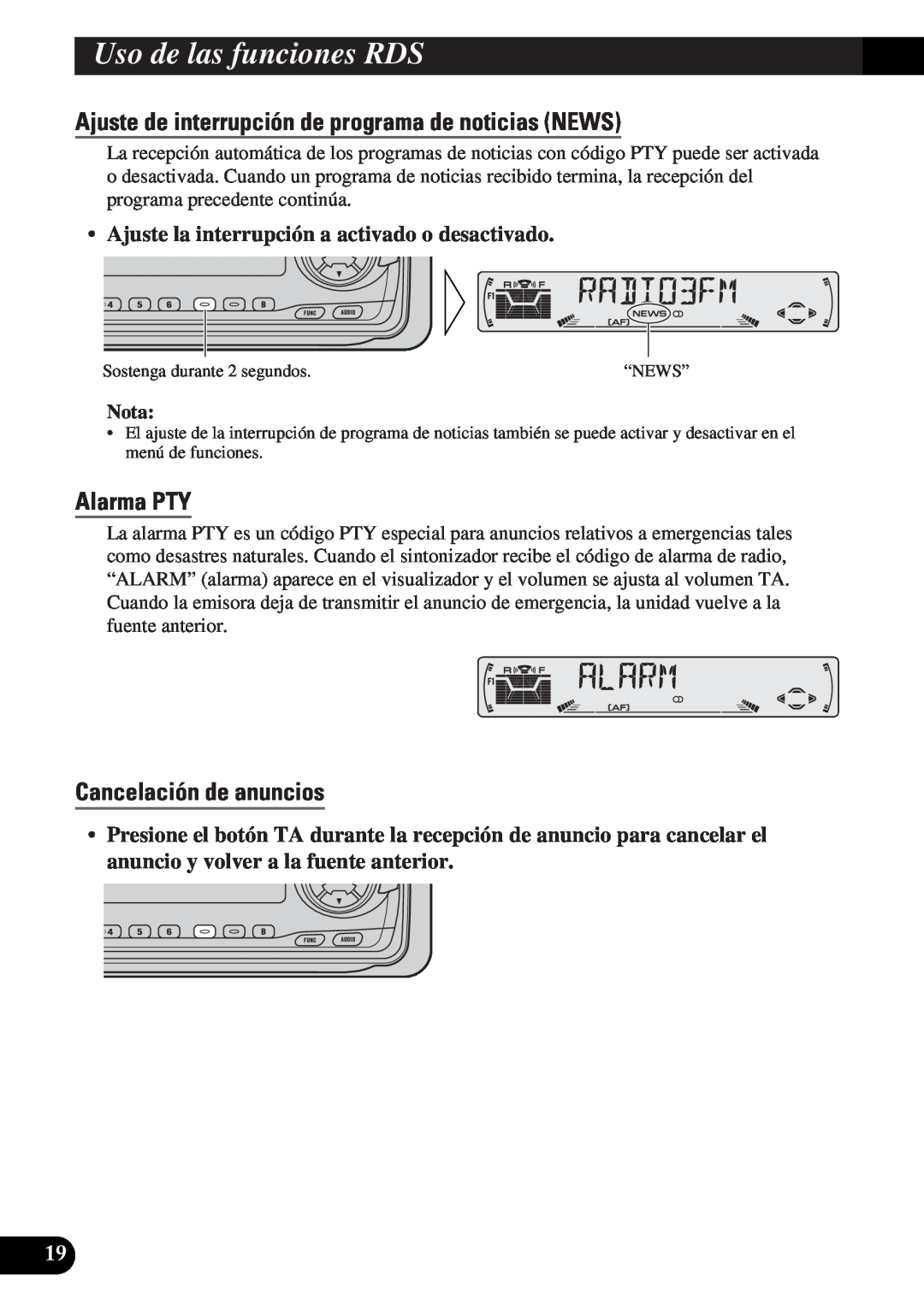 Pioneer DEH-3330R, DEH-3300R Alarma PTY, Cancelación de anuncios, UsoA Titled Englishlas funciones RDS, Nota 