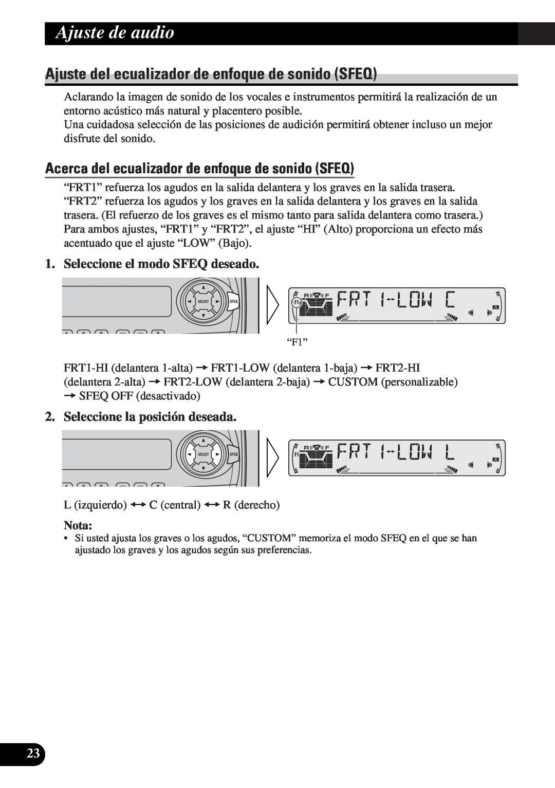 Pioneer DEH-3330R, DEH-3300R operation manual Ajuste de audio, Ajuste del ecualizador de enfoque de sonido SFEQ, Nota 