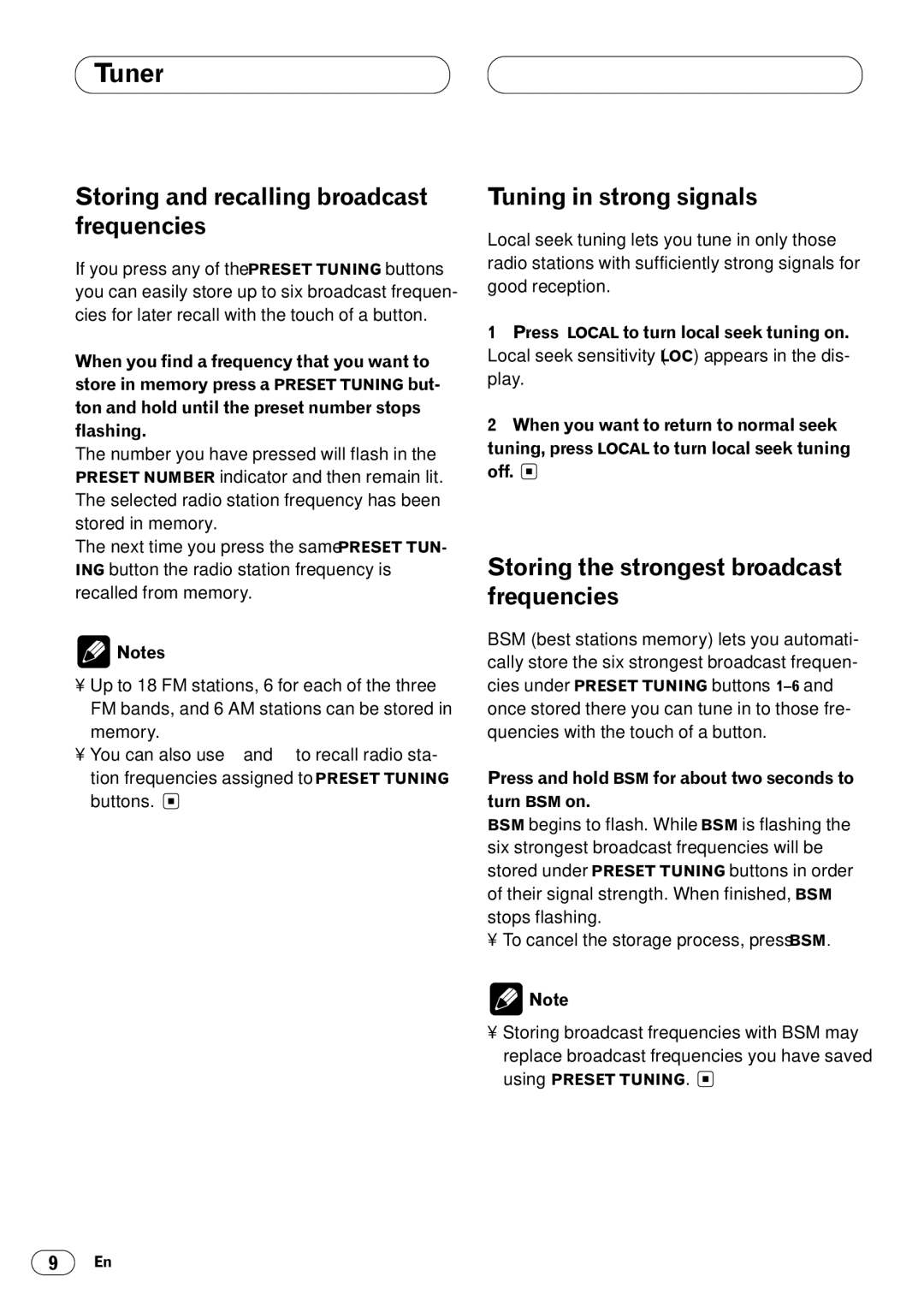 Pioneer DEH-3400 operation manual Storing and recalling broadcast frequencies, Tuning in strong signals 