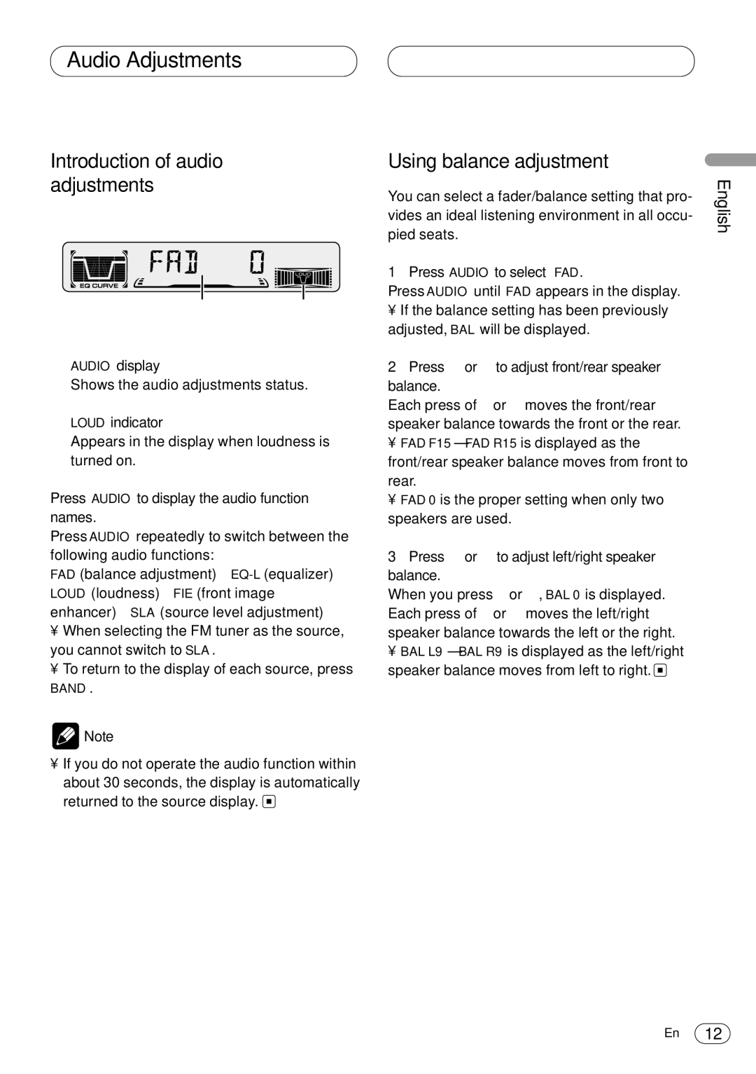 Pioneer DEH-3400 operation manual Audio Adjustments, Introduction of audio adjustments, Using balance adjustment 