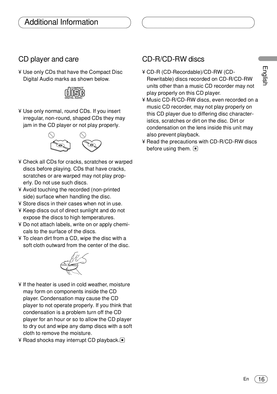 Pioneer DEH-3400 operation manual Additional Information, CD player and care, CD-R/CD-RW discs 