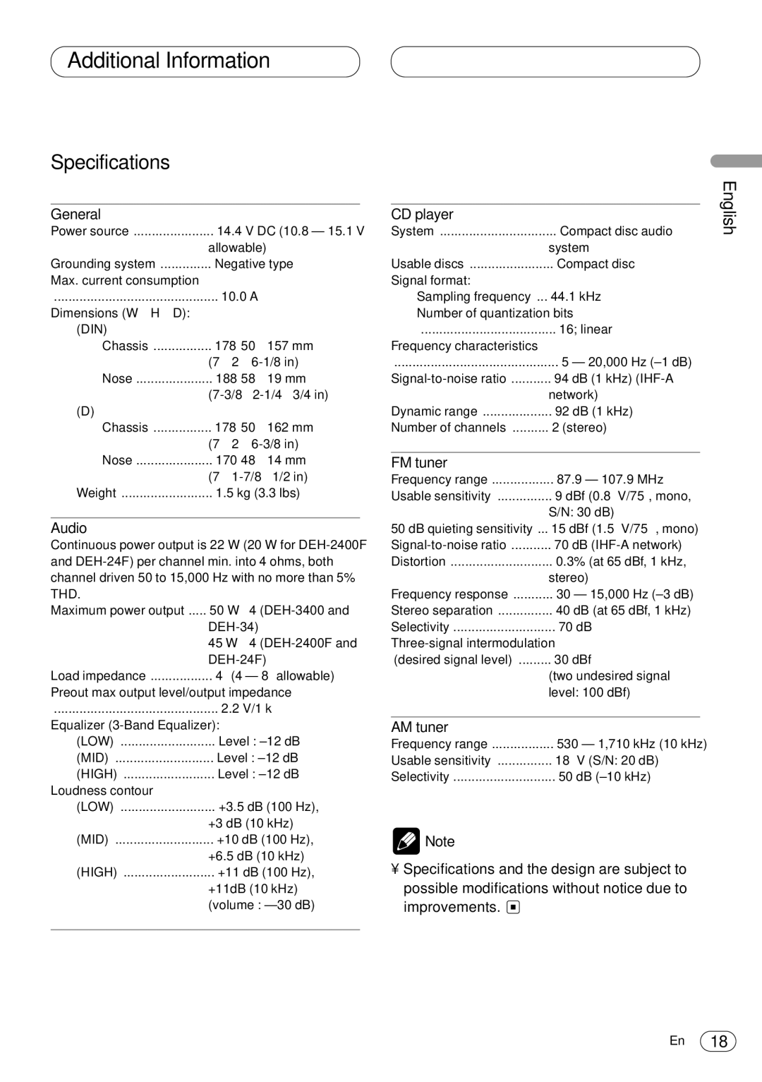 Pioneer DEH-3400 operation manual Specifications 