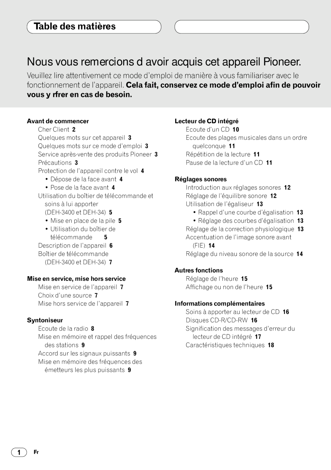 Pioneer DEH-3400 operation manual Table des matières 