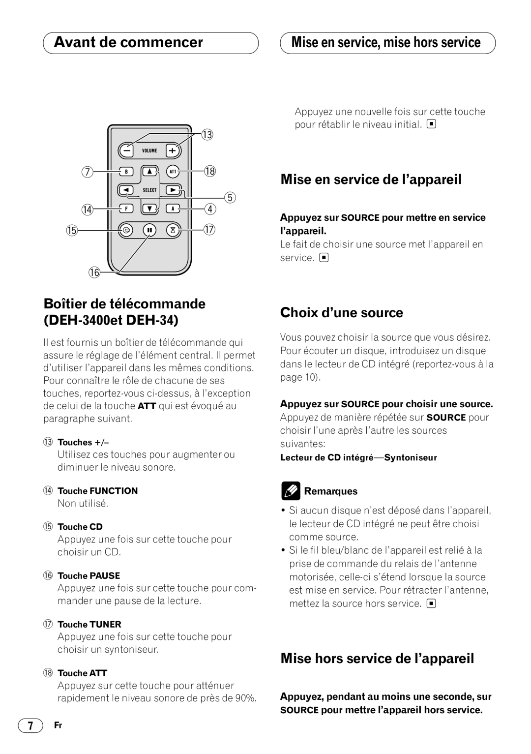 Pioneer operation manual Mise en service de l’appareil, Boîtier de télécommande DEH-3400et DEH-34, Choix d’une source 