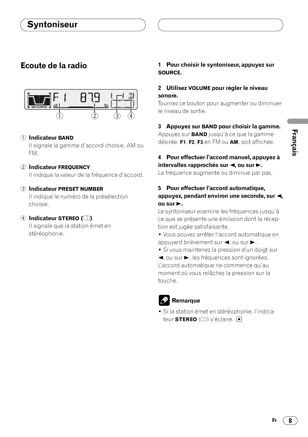 Pioneer DEH-3400 operation manual Syntoniseur, Ecoute de la radio 