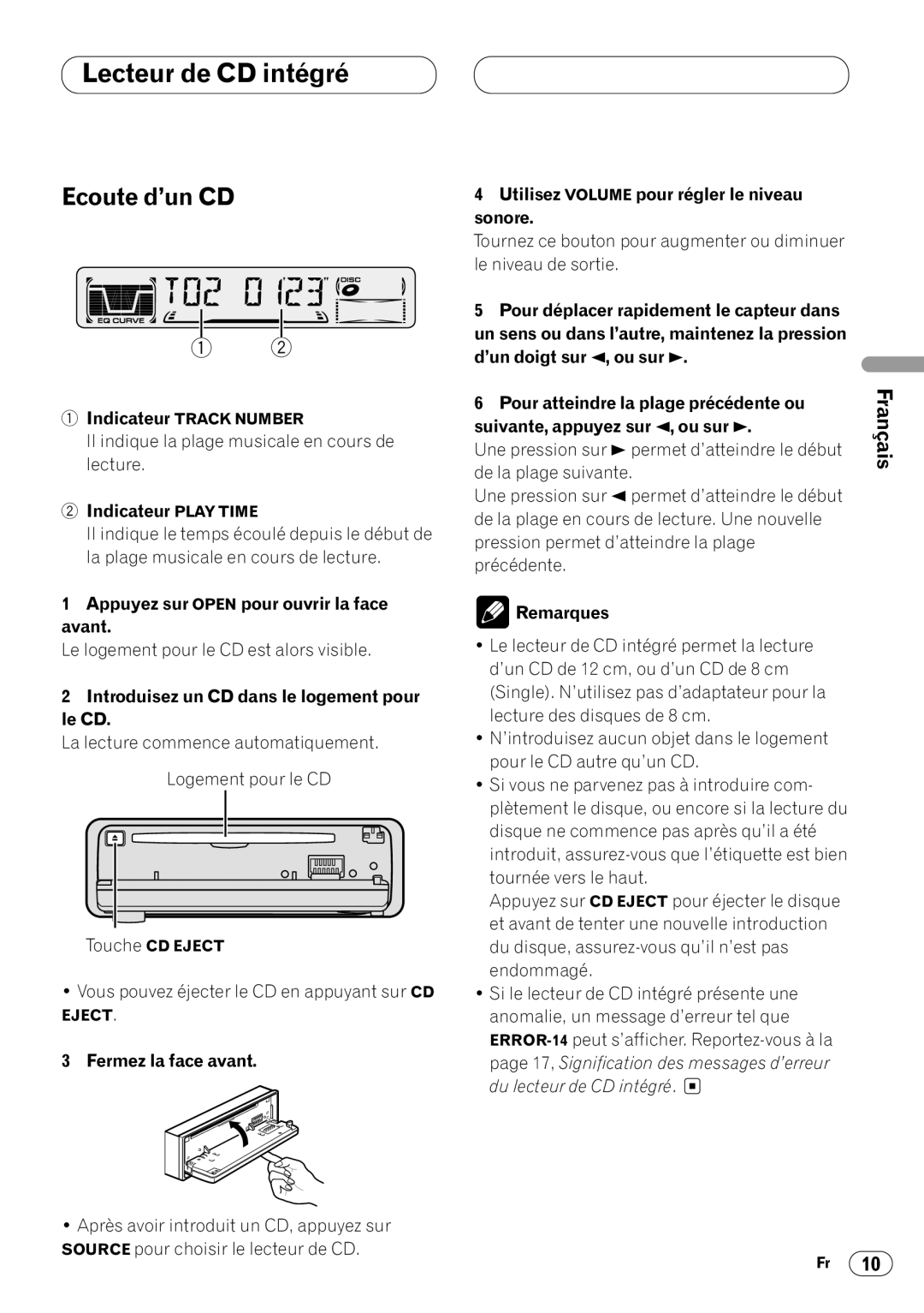 Pioneer DEH-3400 operation manual Lecteur de CD intégré, Ecoute d’un CD 