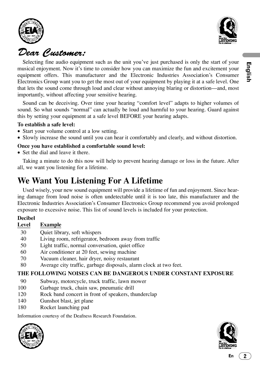 Pioneer DEH-3400 operation manual English, To establish a safe level 