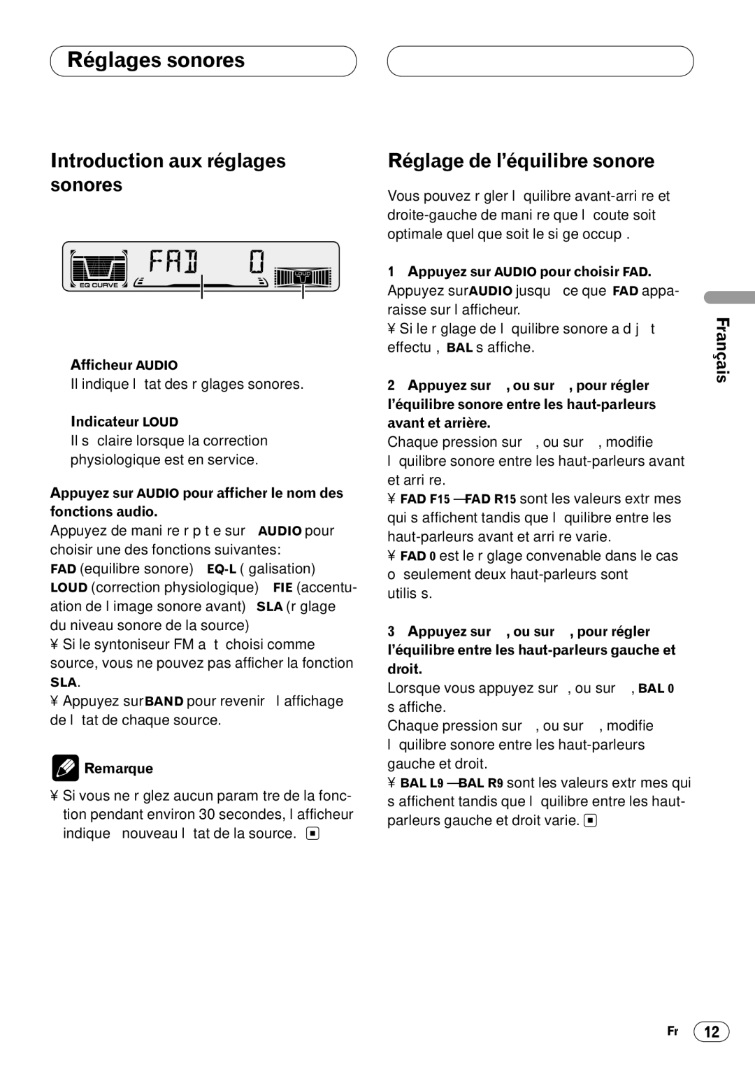 Pioneer DEH-3400 operation manual Réglages sonores, Introduction aux réglages sonores, Réglage de l’équilibre sonore 