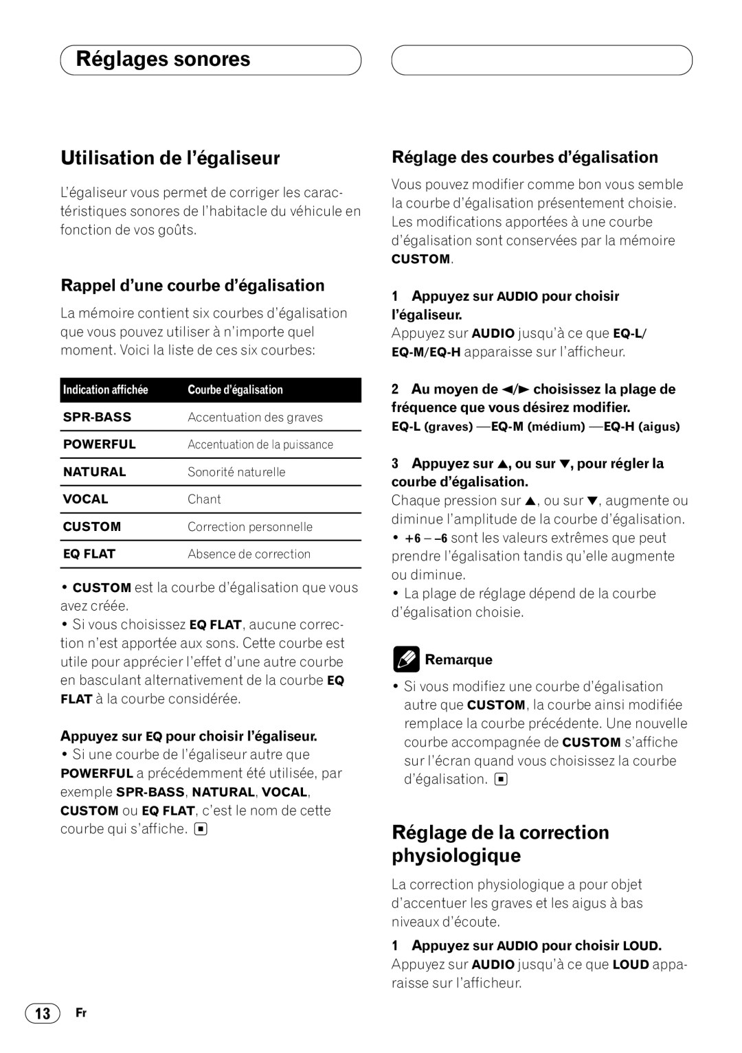 Pioneer DEH-3400 Utilisation de l’égaliseur, Rappel d’une courbe d’égalisation, Réglage des courbes d’égalisation 