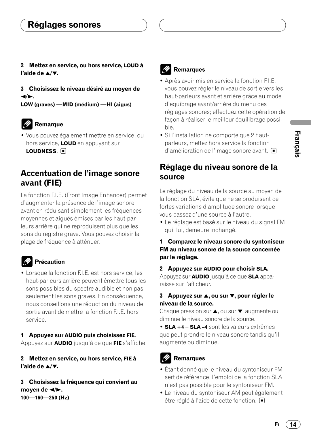 Pioneer DEH-3400 Accentuation de l’image sonore avant FIE, Réglage du niveau sonore de la source, Français, Précaution 