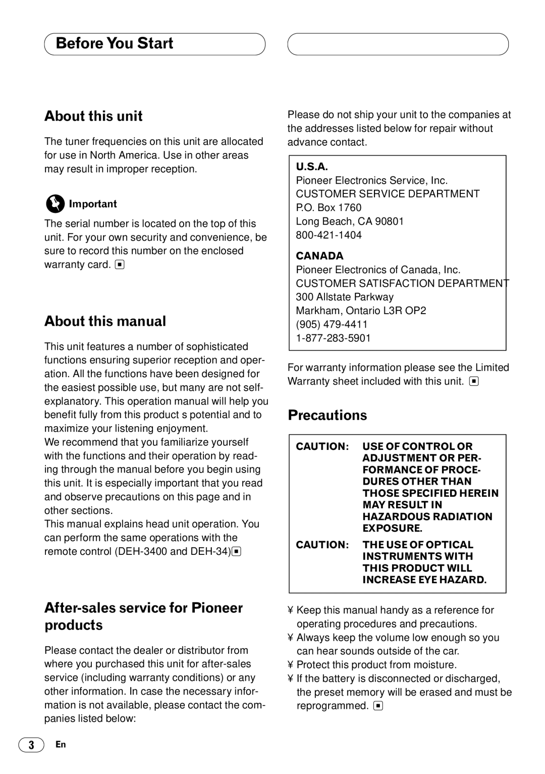 Pioneer DEH-3400 Before You Start, About this unit, About this manual, After-sales service for Pioneer products 